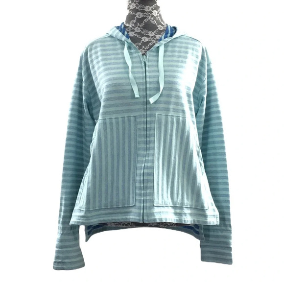 3/$20 Columbia Blue White Striped Melody Spring Hoodie Jacket Womens Medium Zip - Picture 1 of 12